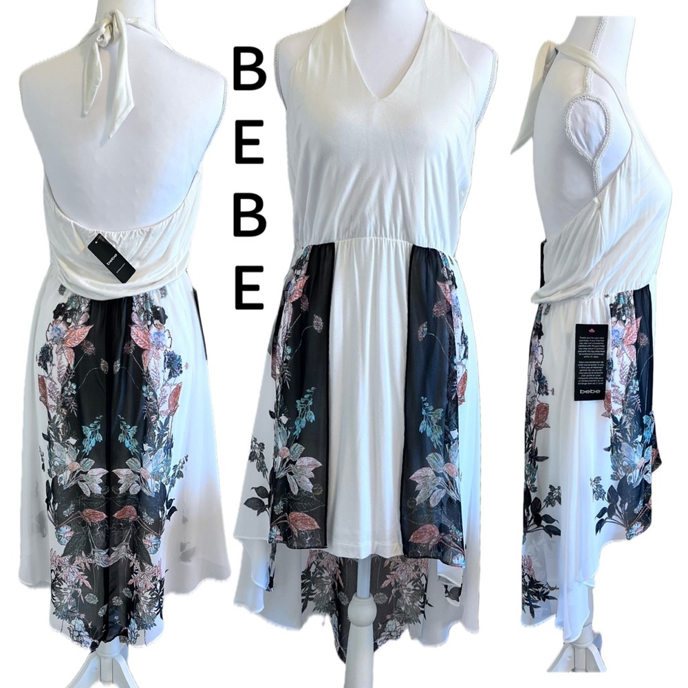 NWT Bebe Tie Halter Chiffon Asymmetrical Floral Dress Stretch Sz Medium